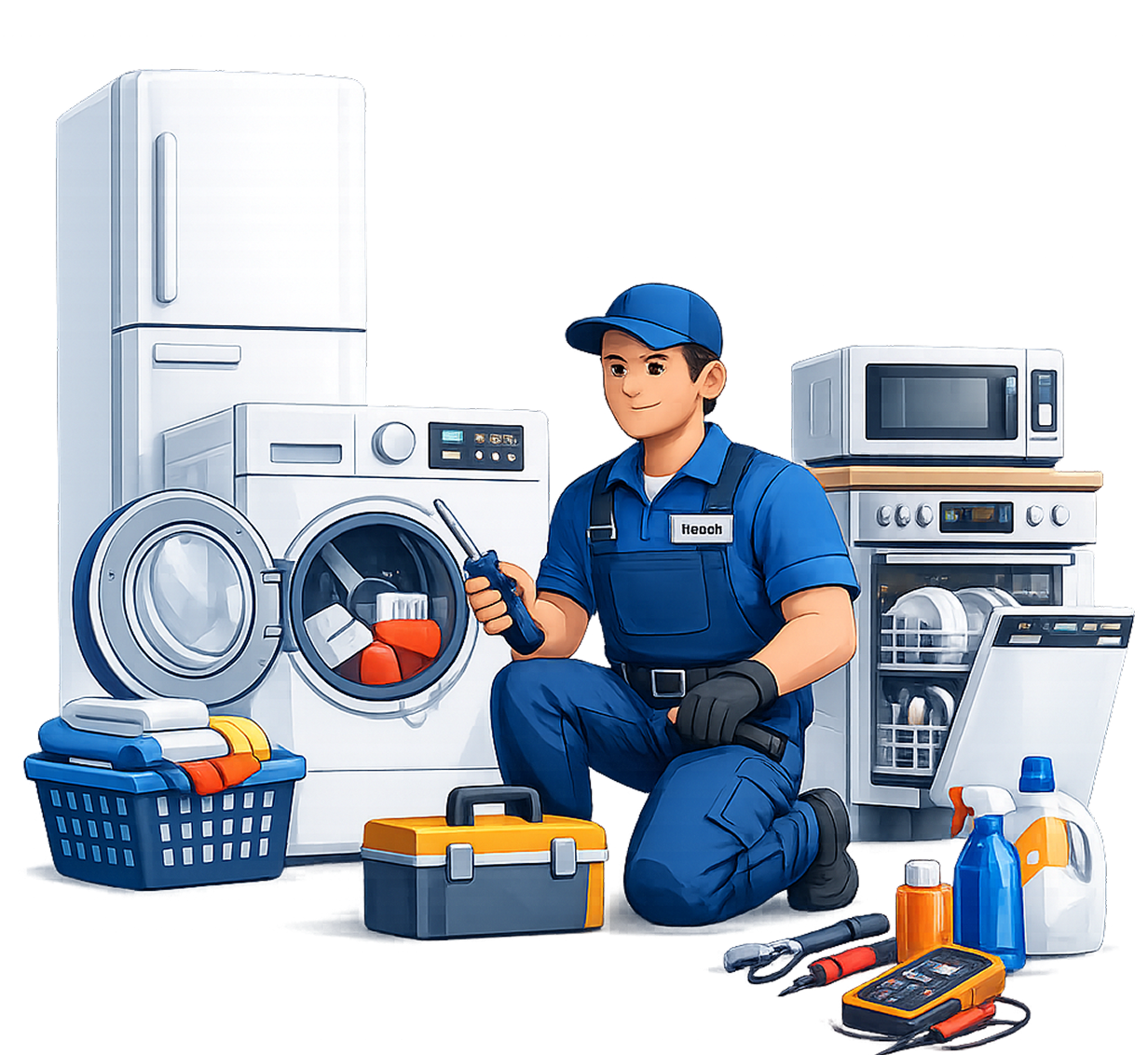 Professional appliance repair technician with tools and appliances